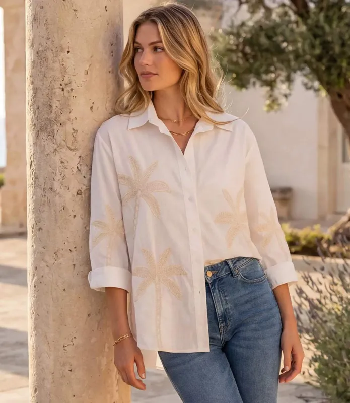 Bell Sleeve Embroidered Palm Tree Shirt made by Karen Kane
