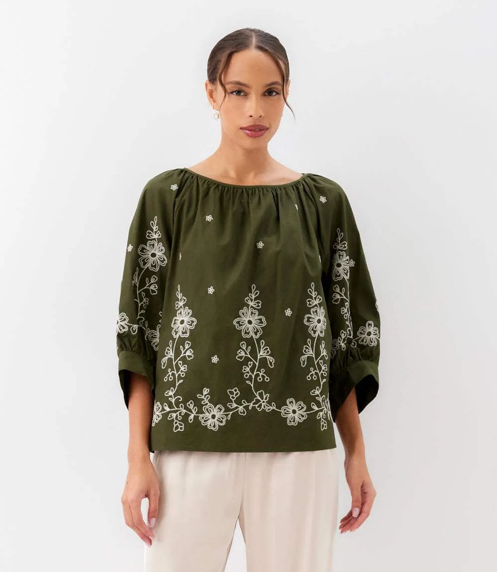 Embroidered Blouson Sleeve Top sold by Karen Kane