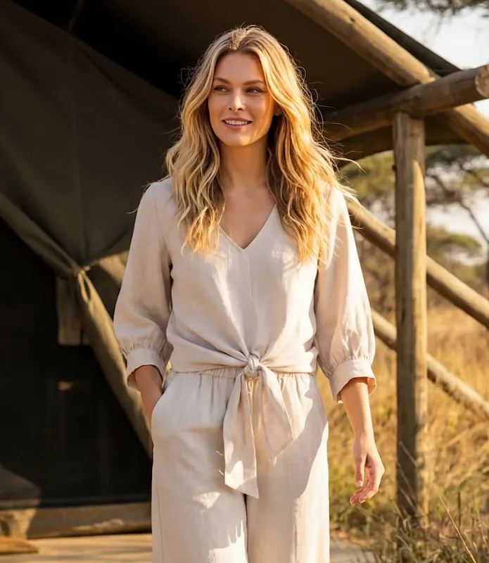 Blouson Sleeve Linen Tie-Front Top made by Karen Kane