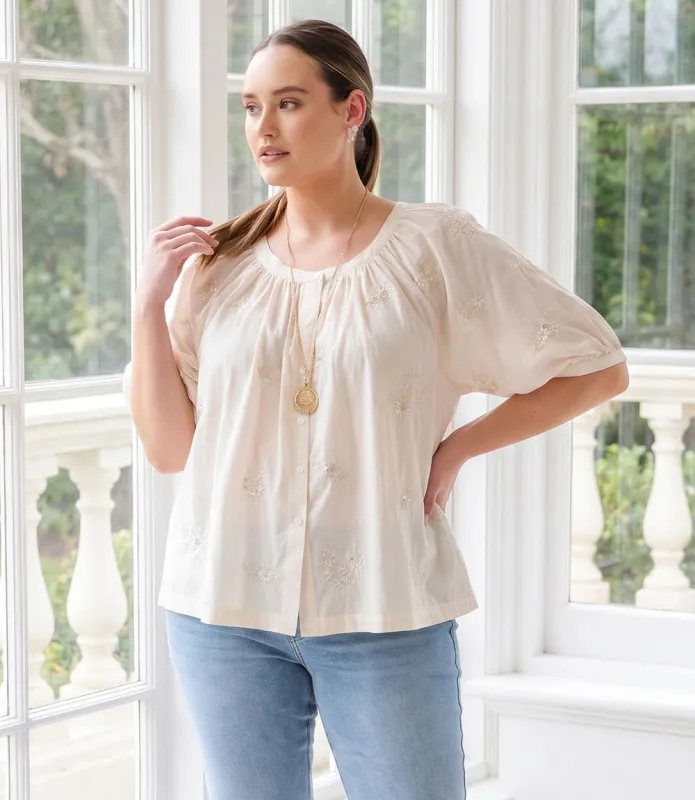 Plus Size Short Sleeve Embroidered Peasant Top made by Karen Kane