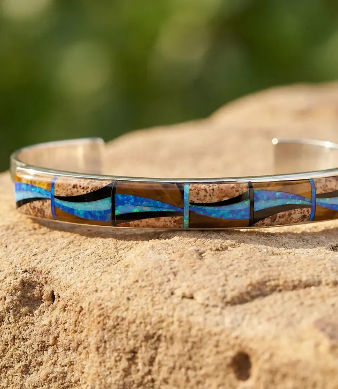 Sterling Silver Jasper And Lapis Wave Inlay Bracelet made by Karen Kane