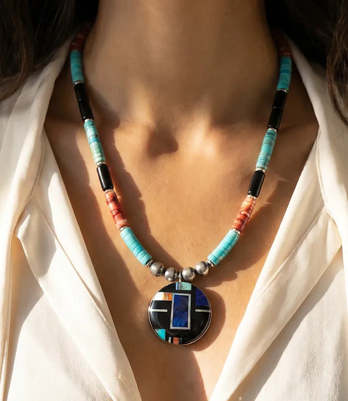 Beaded Turquoise, Jet, And Spiny Oyster Shell Pendant Necklace made by Karen Kane