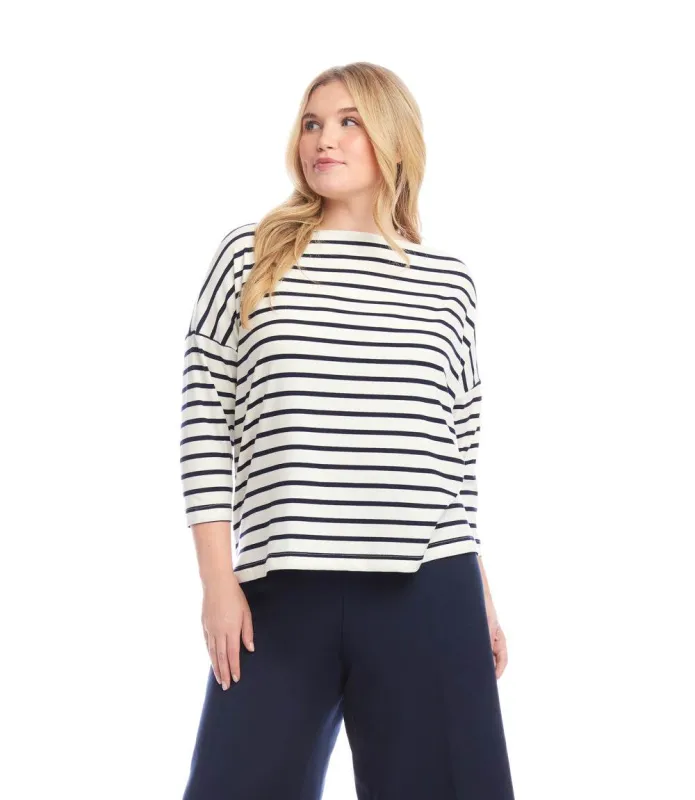 Plus Size Stripe 3/4 Sleeve Boatneck Top made by Karen Kane