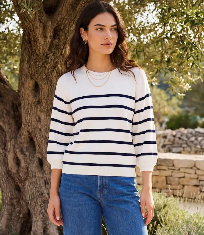 Stripe Puff Sleeve Raglan Sweater made by Karen Kane