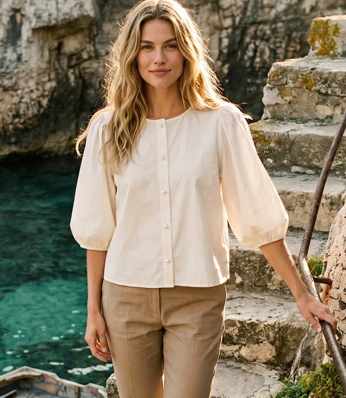 Puff Sleeve Pearl Button Top made by Karen Kane