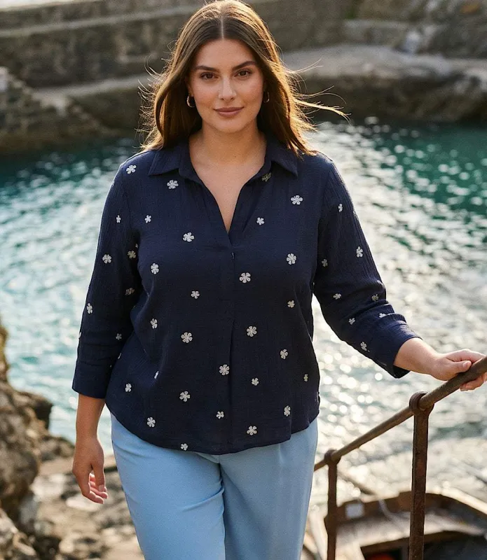 Plus Size Embroidered Ruched Sleeve Shirt made by Karen Kane