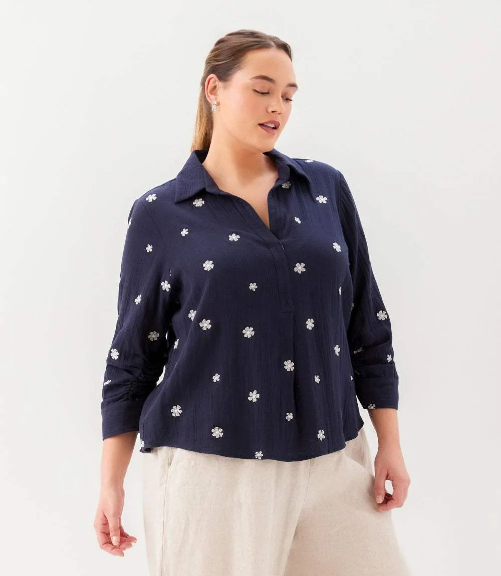 Plus Size Embroidered Ruched Sleeve Shirt sold by Karen Kane product image thumbnail 4