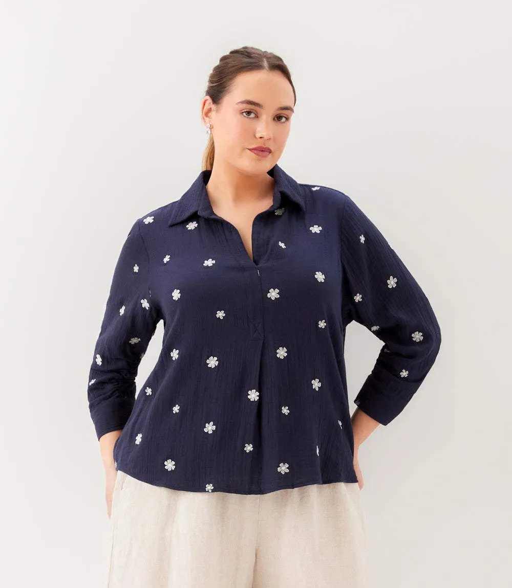 Plus Size Embroidered Ruched Sleeve Shirt sold by Karen Kane product image thumbnail 3