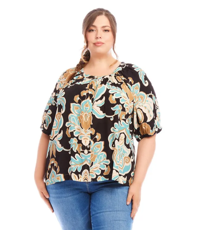 Plus Size Short Sleeve Peasant Button-Front Top made by Karen Kane