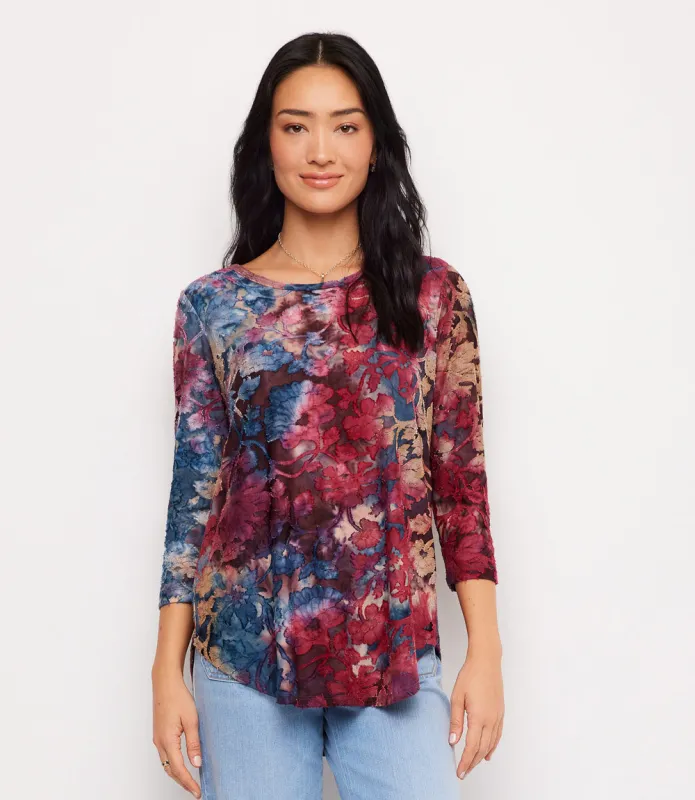 Petite Size 3/4 Sleeve Tie-Dye Burnout Shirttail Top made by Karen Kane