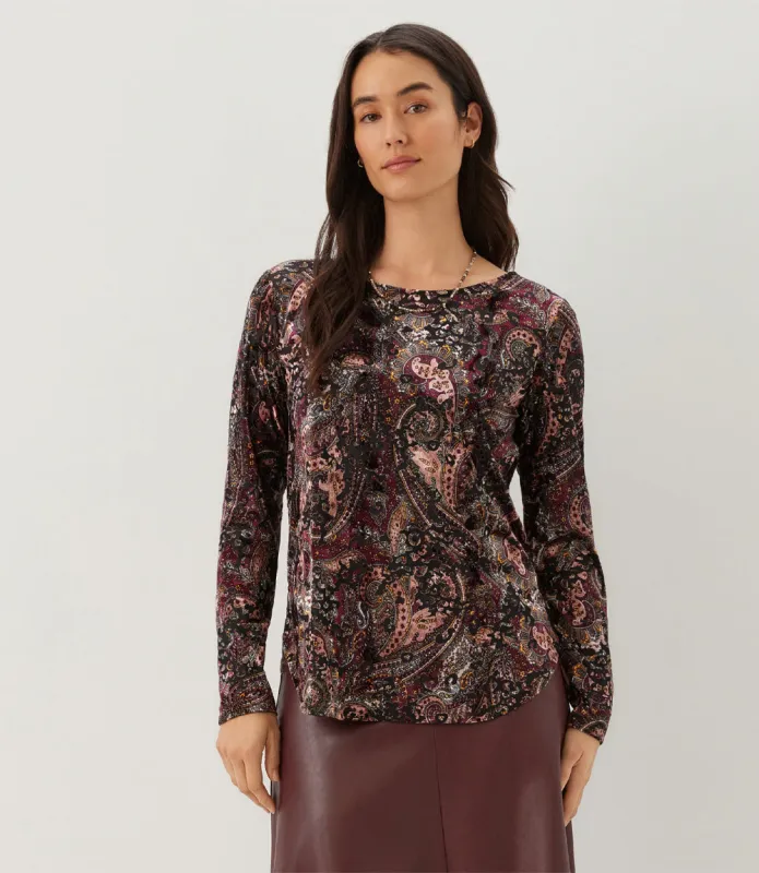 Long Sleeve Velvet Burnout Shirttail Top made by Karen Kane