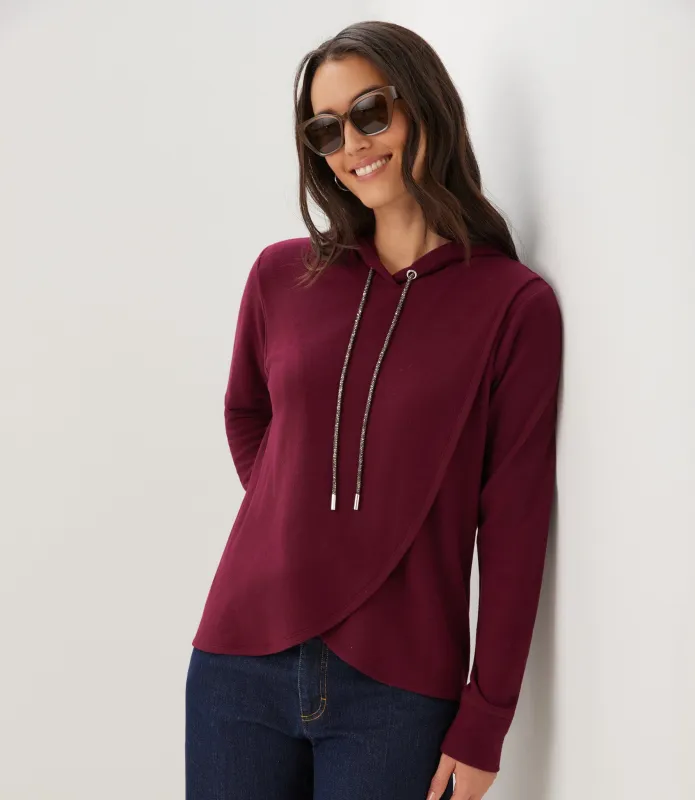 Rhinestone Drawstring Crossover Sweatshirt made by Karen Kane