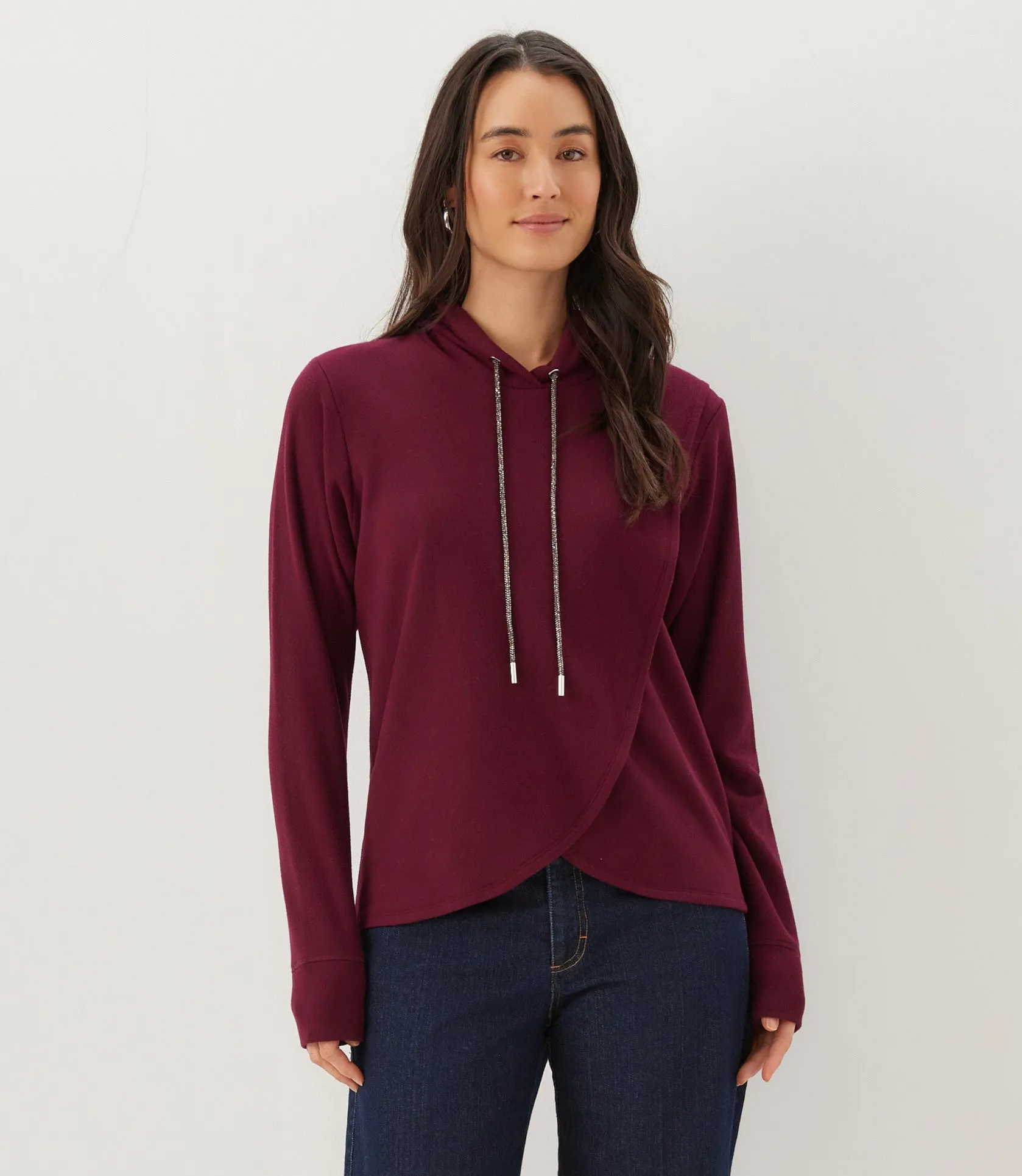 Rhinestone Drawstring Crossover Sweatshirt sold by Karen Kane product image thumbnail 2