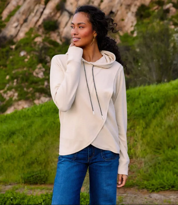 Rhinestone Drawstring Crossover Sweatshirt made by Karen Kane