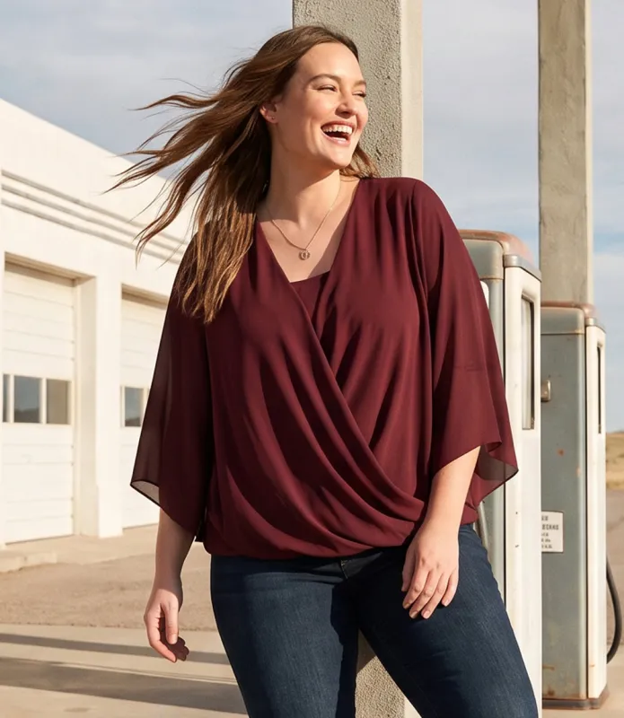 Plus Size Bracelet Sleeve Drape Front Crossover Top made by Karen Kane