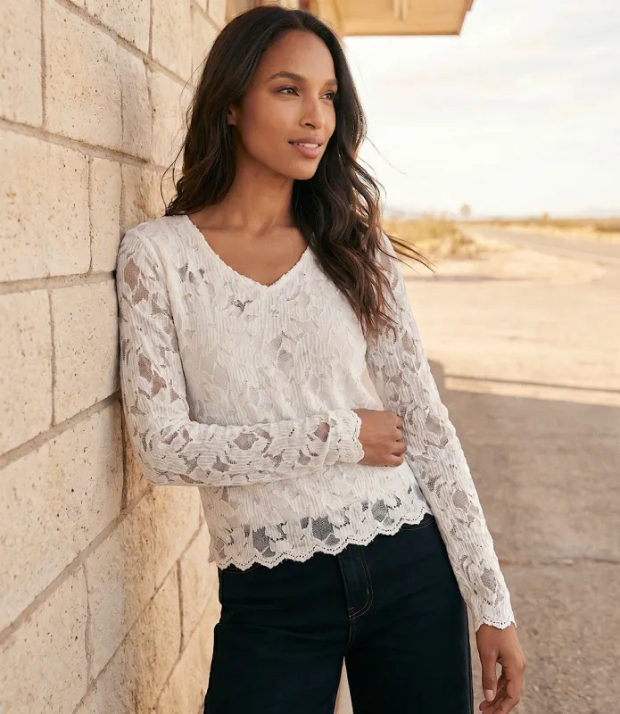 Long Sleeve Floral Burnout V-Neck Top made by Karen Kane