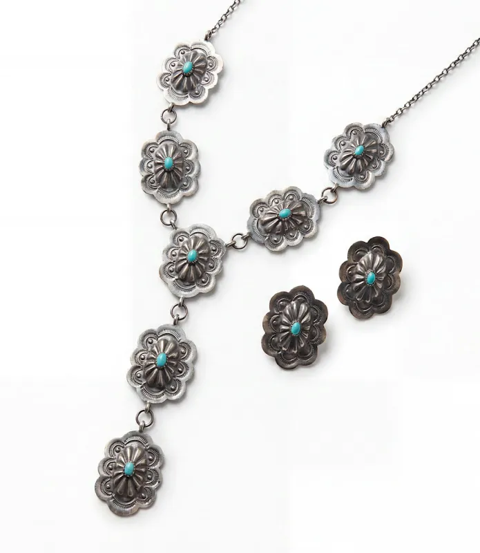 Sterling Silver Turquoise Concho Necklace And Earring Set made by Karen Kane