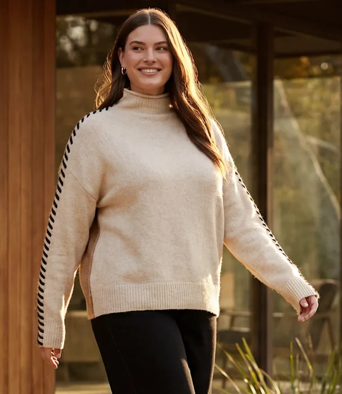 Plus Size Contrast Stitch Mock Neck Colorblock Sweater made by Karen Kane
