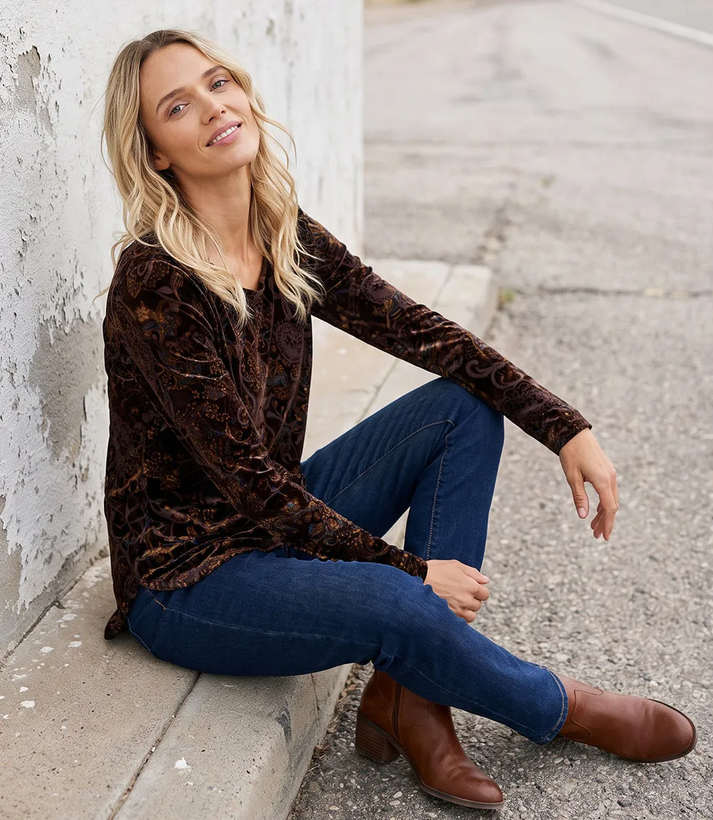 Long Sleeve Velvet Burnout Shirttail Top sold by Karen Kane