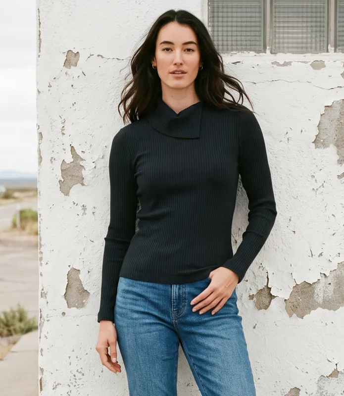 Petite Size Wide Ribbed Long Sleeve Split Neck Top made by Karen Kane