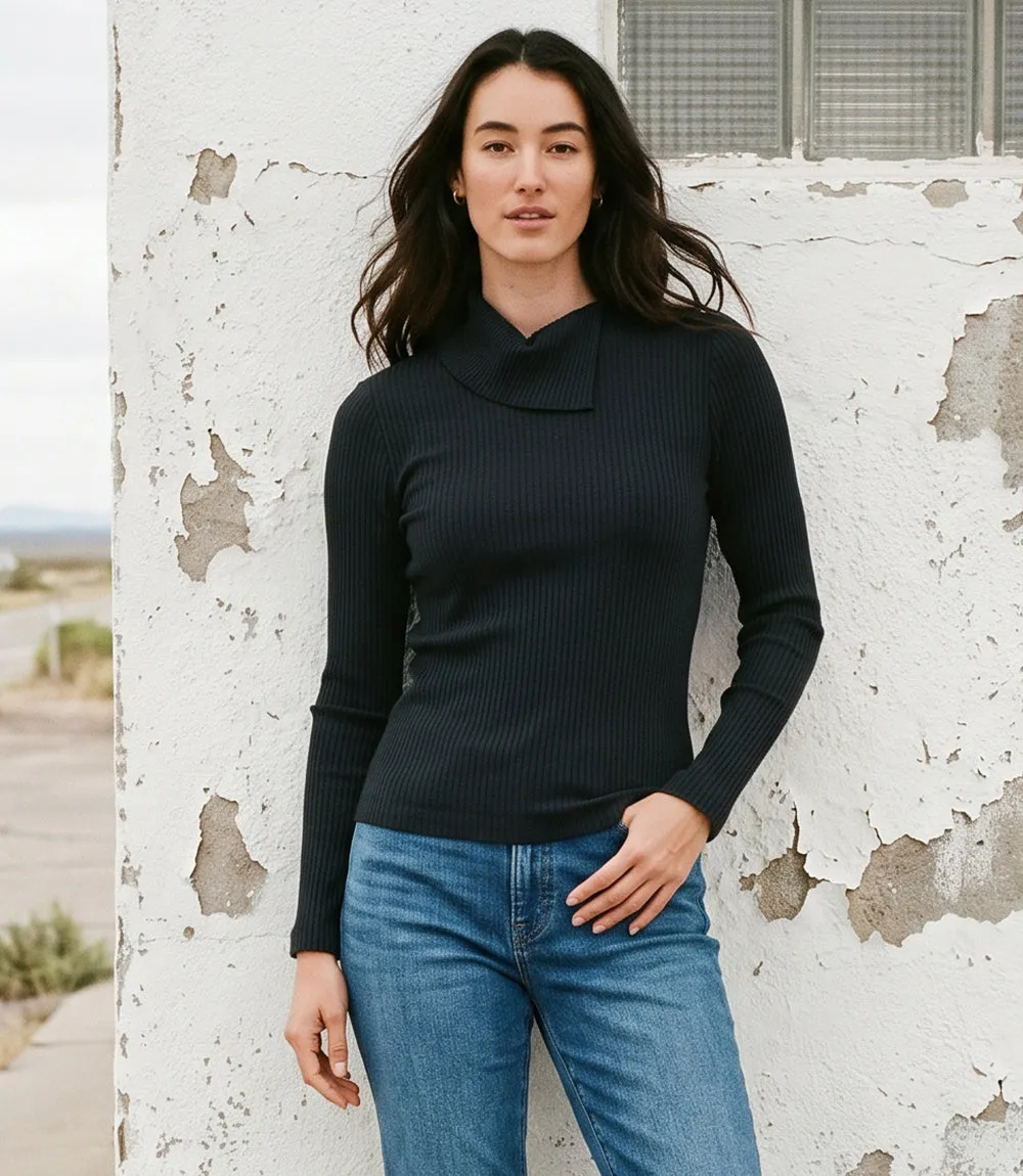Petite Size Wide Ribbed Long Sleeve Split Neck Top sold by Karen Kane