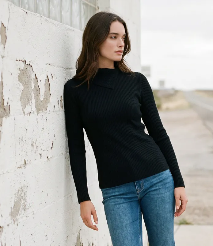 Wide Ribbed Long Sleeve Split Neck Top made by Karen Kane