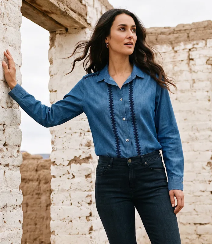 Long Sleeve Crochet Trim Button-Up Shirt made by Karen Kane