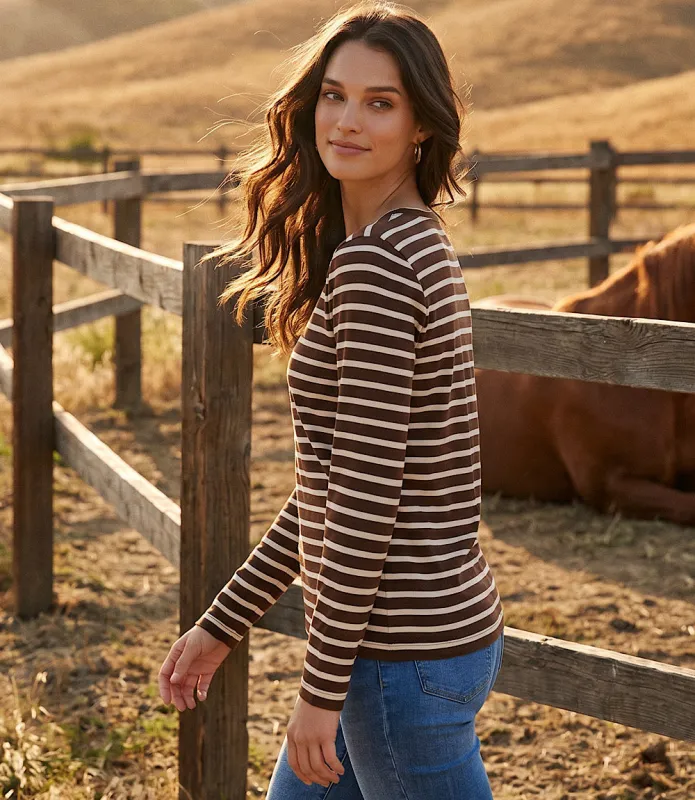Petite Size Stripe Long Sleeve Crewneck Top made by Karen Kane