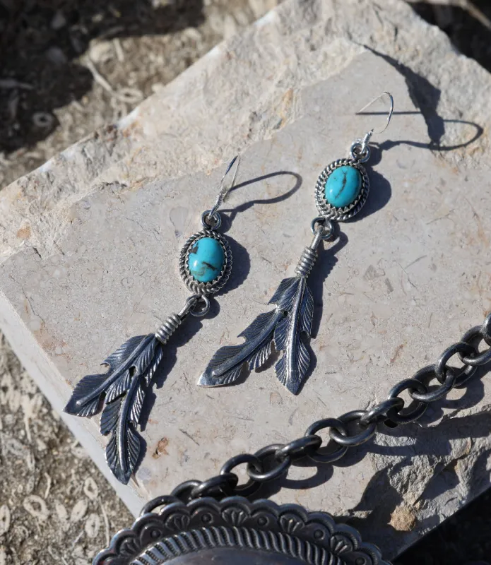 Kingman Turquoise Feather Dangle Earrings made by Karen Kane