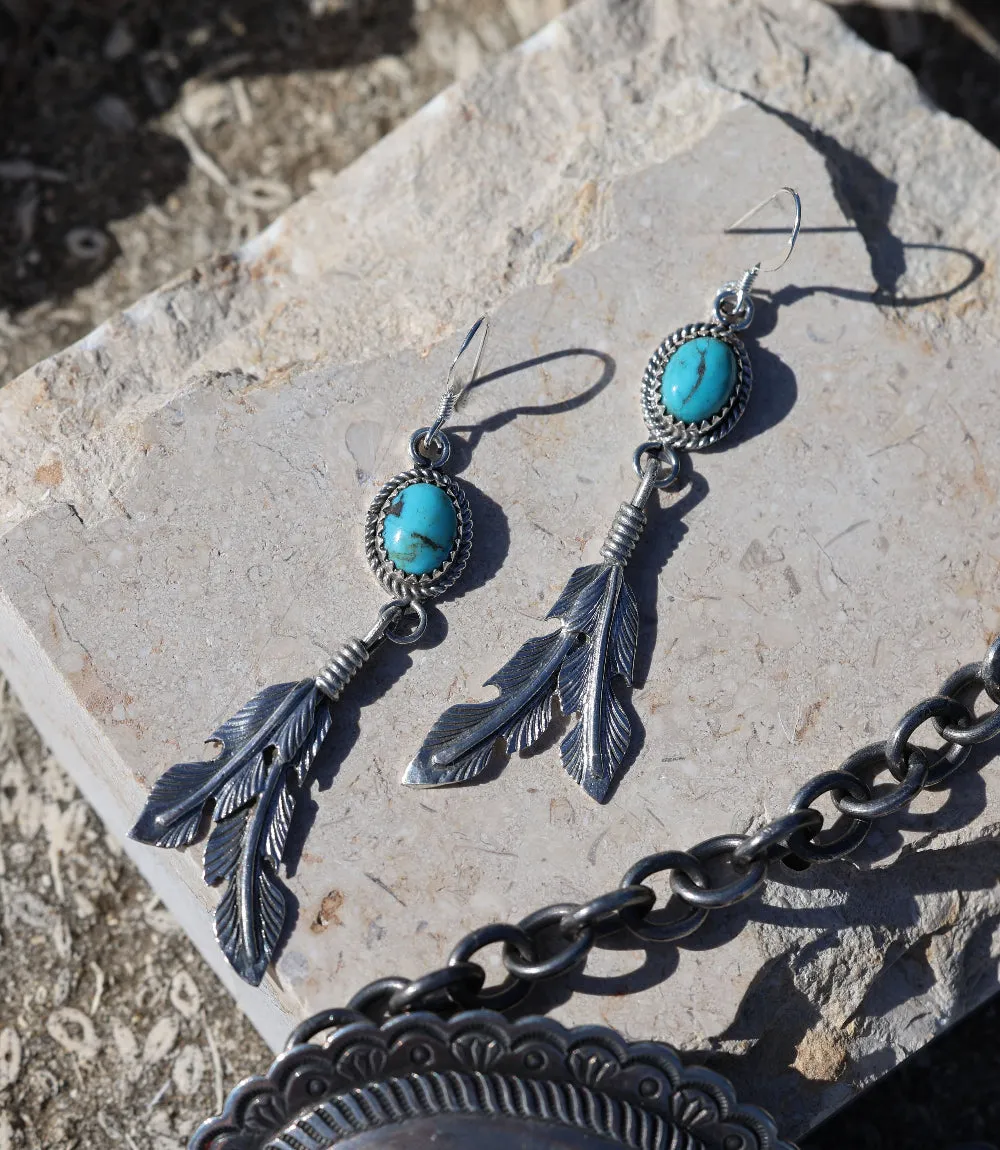 Kingman Turquoise Feather Dangle Earrings sold by Karen Kane