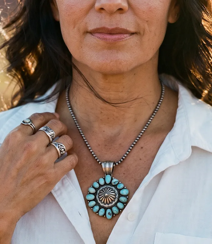 Sterling Silver Embellished Disc Turquoise Necklace made by Karen Kane