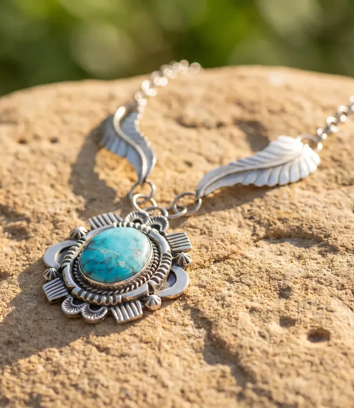 Silver Feather Turquoise Pendant Necklace made by Karen Kane