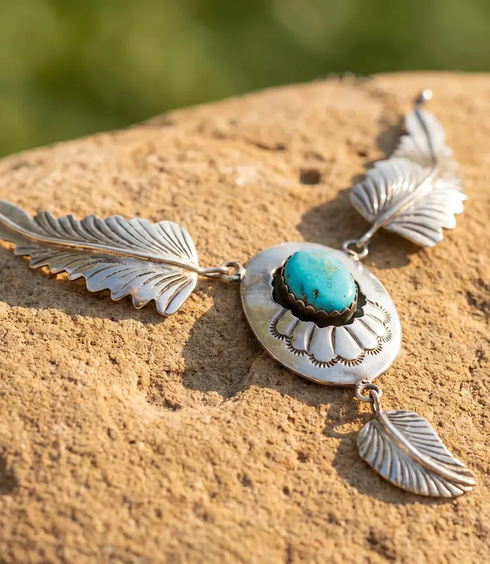 Triple Feather Vintage Turquoise Pendant Necklace made by Karen Kane
