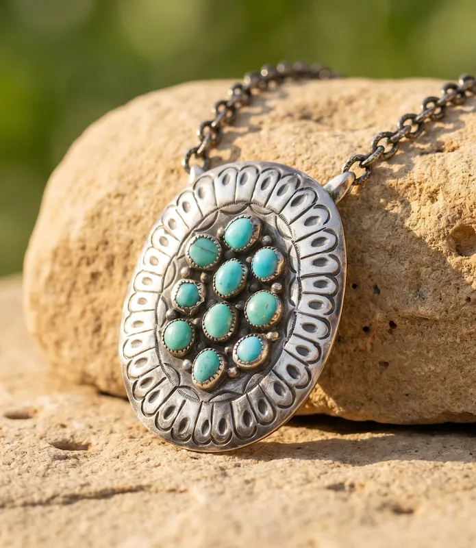 Vintage Kingman Turquoise Concho Necklace made by Karen Kane