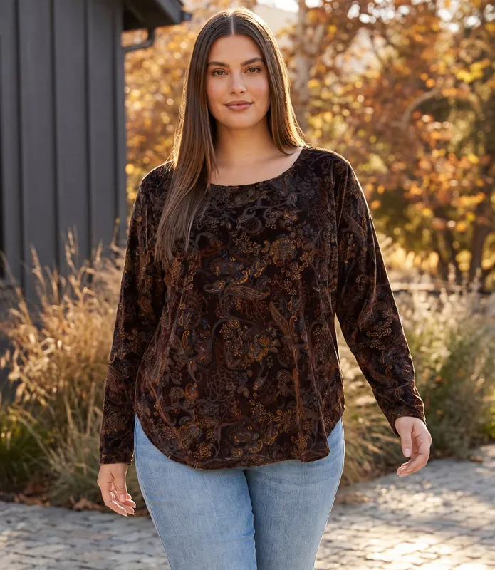 Plus Size Long Sleeve Velvet Burnout Shirttail Top made by Karen Kane