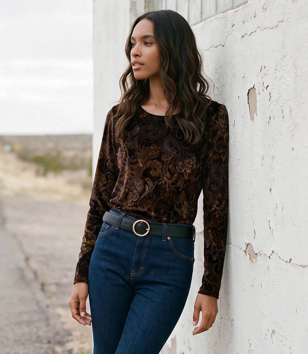 Petite Size Long Sleeve Velvet Burnout Shirttail Top sold by Karen Kane