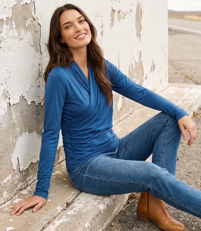 Long Sleeve Crossover Side-Shirred Top made by Karen Kane