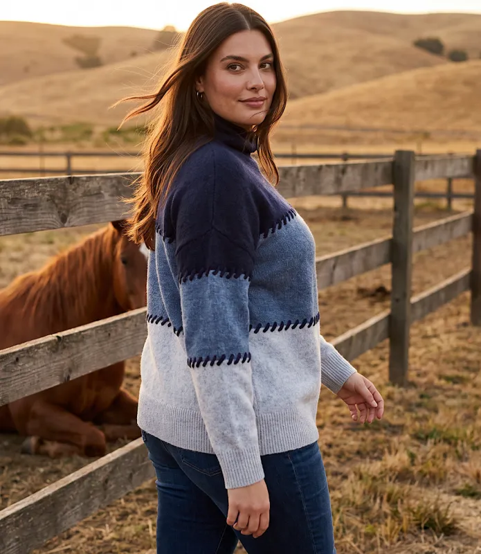Plus Size Contrast Stitch Mock Neck Colorblock Sweater made by Karen Kane