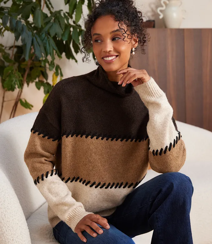 Petite Size Contrast Stitch Mock Neck Colorblock Sweater made by Karen Kane