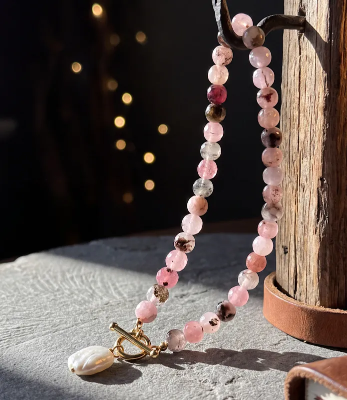 Beaded Pink Jade And Pearl Necklace made by Karen Kane