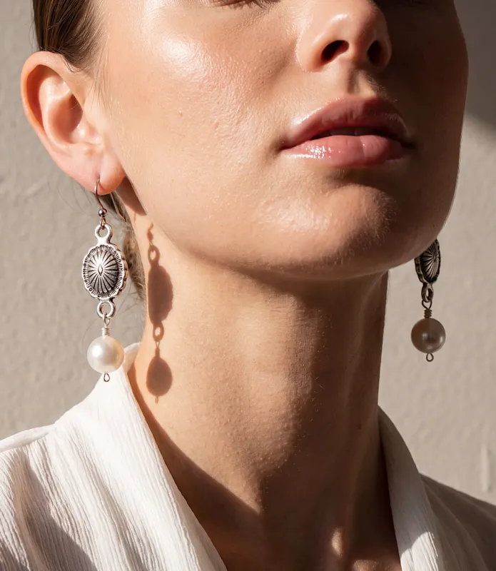 Sterling Silver Pearl Concho Earrings made by Karen Kane