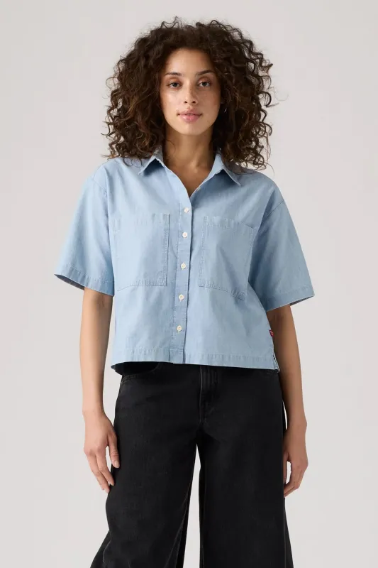 Harlie Short-Sleeve Cropped Shirt Brass Organ sold by Karen Walker