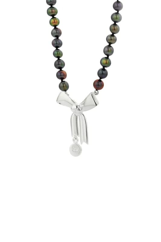 Bow & Pearls Necklace with Dyed Pearls Silver sold by Karen Walker