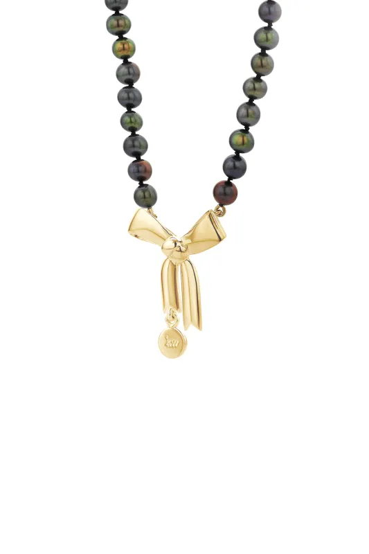 Bow & Pearls Necklace with Dyed Pearls Gold sold by Karen Walker