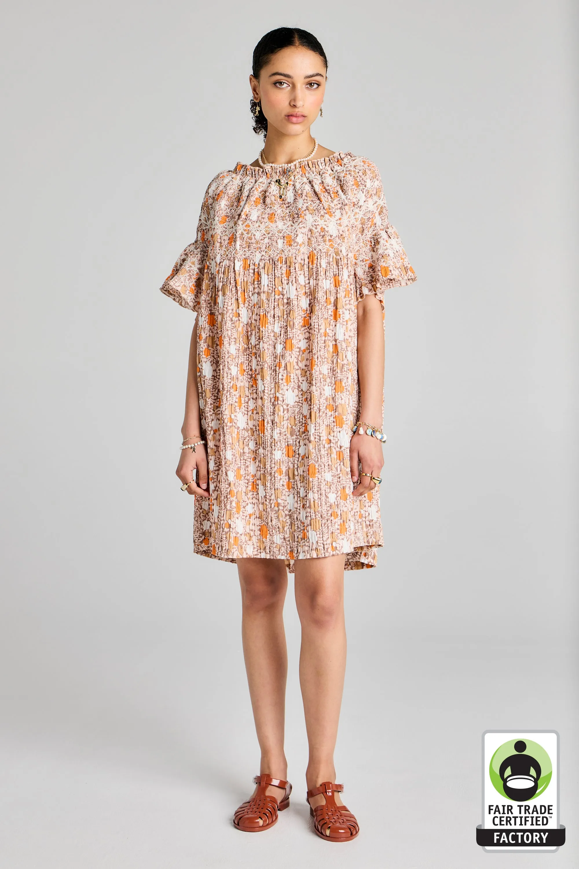 Theia Smocked Mini Dress Pink Multi/White Smocking sold by Karen Walker