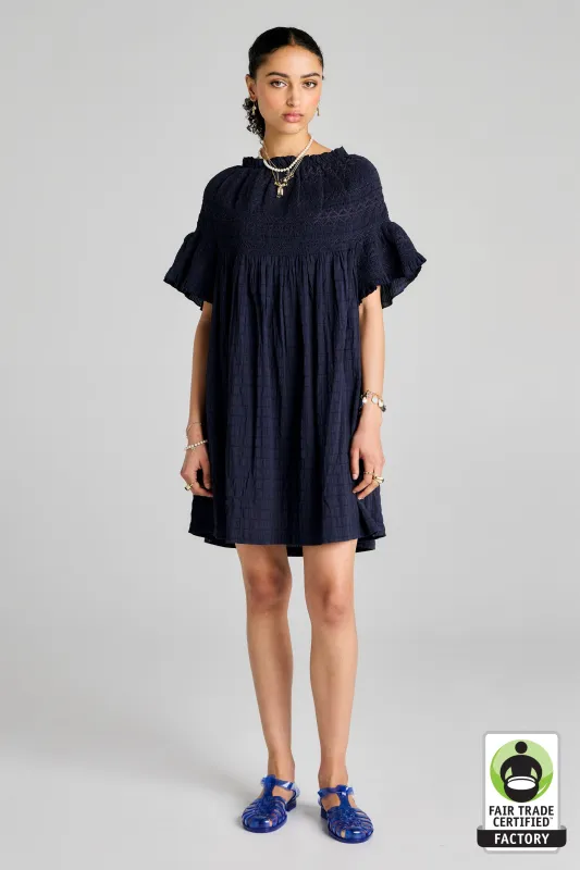 Theia Smocked Mini Dress Navy/Navy Smocking sold by Karen Walker