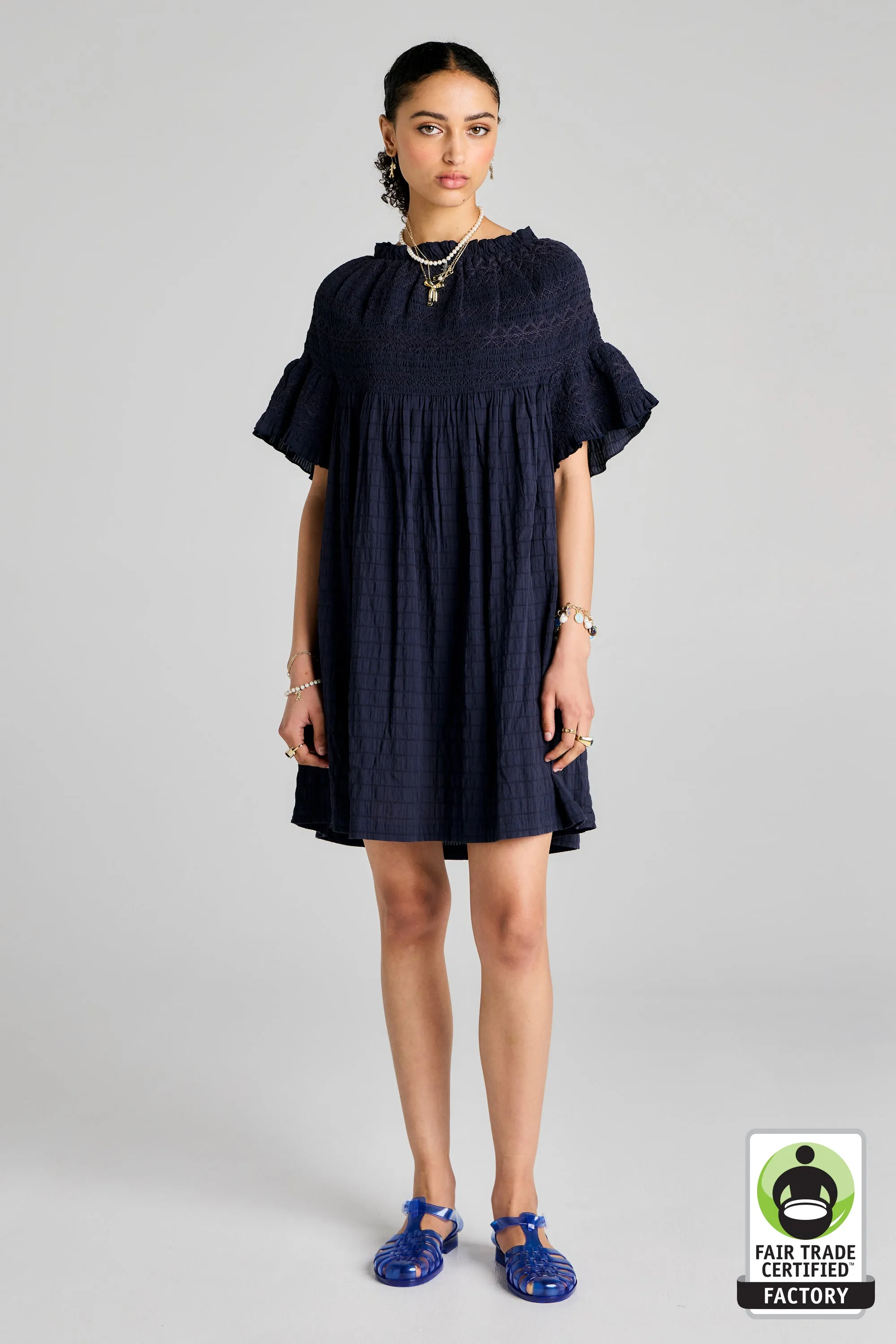 Theia Smocked Mini Dress Navy/Navy Smocking sold by Karen Walker