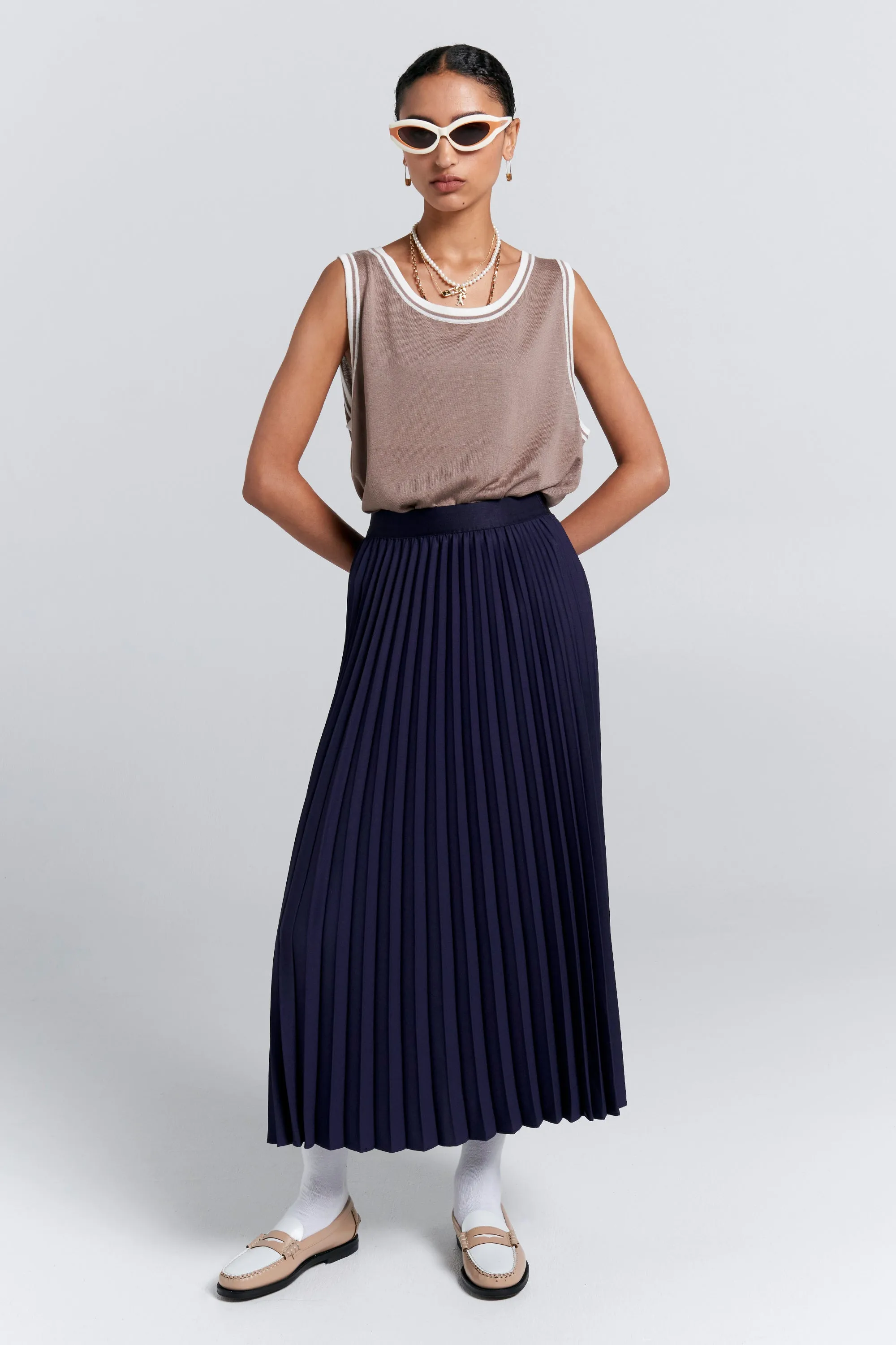 Sunray Pleated Skirt Navy sold by Karen Walker