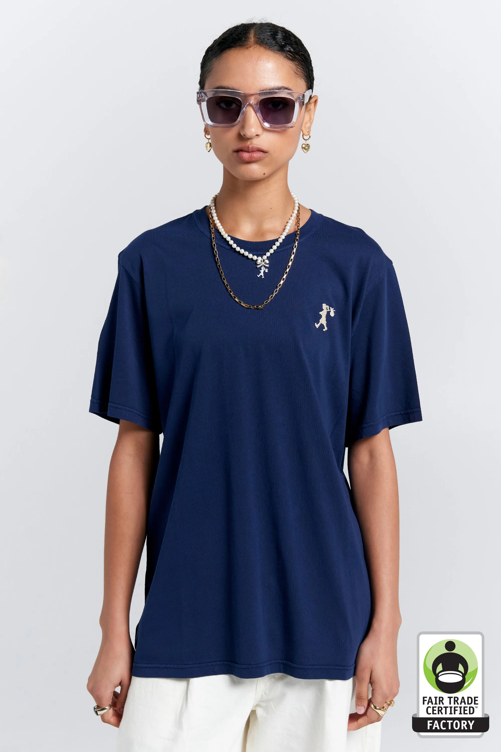 Embroidered Runaway Girl Classic Organic Cotton T-Shirt Navy sold by Karen Walker