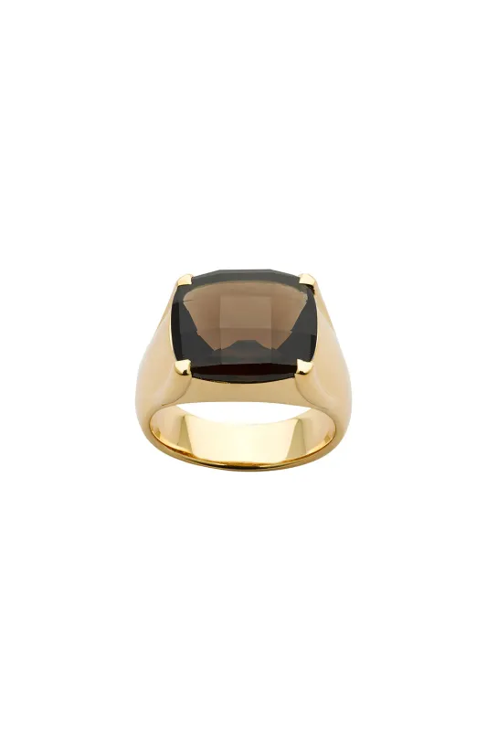 Chequerboard Ring 14 x 12mm Gold & Smoky Quartz sold by Karen Walker